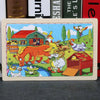 A colorful 24-piece wooden animal jigsaw puzzle featuring various farm animals like a horse, rooster, and chicks.