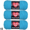 Three skeins of Super Soft vivid blue acrylic yarn labeled GOVD YARN