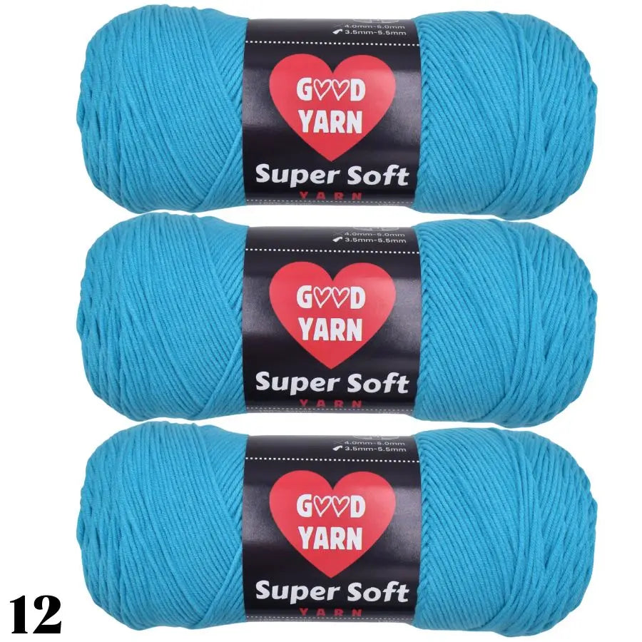 Three skeins of Super Soft vivid blue acrylic yarn labeled GOVD YARN