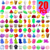 A collection of colorful squishy fidget toys and sensory stress relief toys in various shapes and colors.