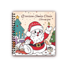 A Christmas-themed coloring page featuring Santa Claus with a red hat and beard surrounded by festive elements.