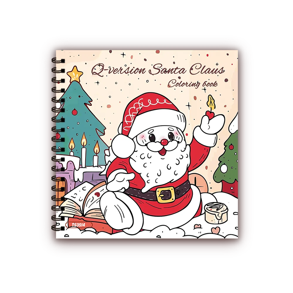 A Christmas-themed coloring page featuring Santa Claus with a red hat and beard surrounded by festive elements.
