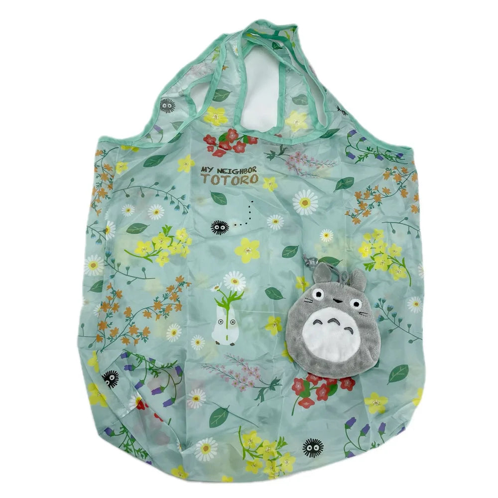 A light green sheer fabric bag featuring a cute cartoon hippo character and floral patterns.
