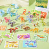 A collection of colorful 3D DIY cardboard puzzle pieces featuring various animals, dinosaurs, insects, and vehicles.