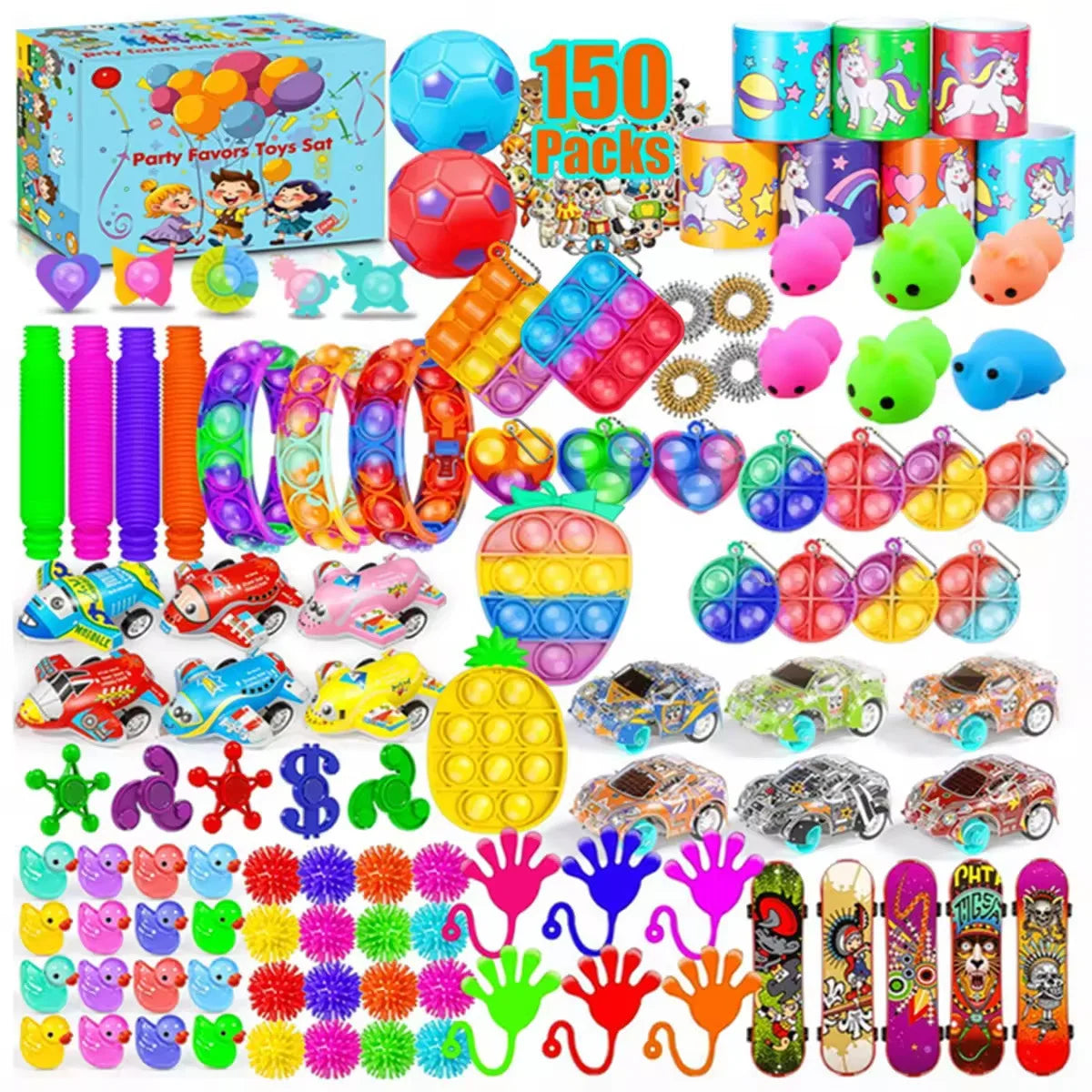 A colorful set of 150 party favor fidget toys and sensory items for kids