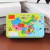 A rectangular green puzzle box featuring a map of China and various wooden animal and vehicle jigsaw puzzles.