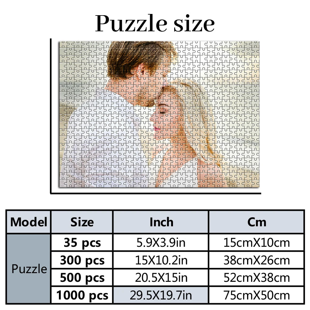A grid showing various sizes of jigsaw puzzles, including 35, 300, 500, and 1000 pieces, with corresponding inch and centimet