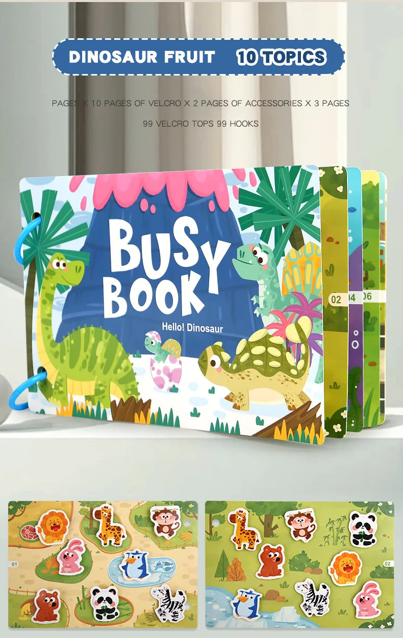 A colorful dinosaur fruit busy book featuring dinosaurs and various elements for children.