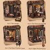Four scenes depicting a vintage music room book nook kit with LED lighting, showing various musical instruments and decor.