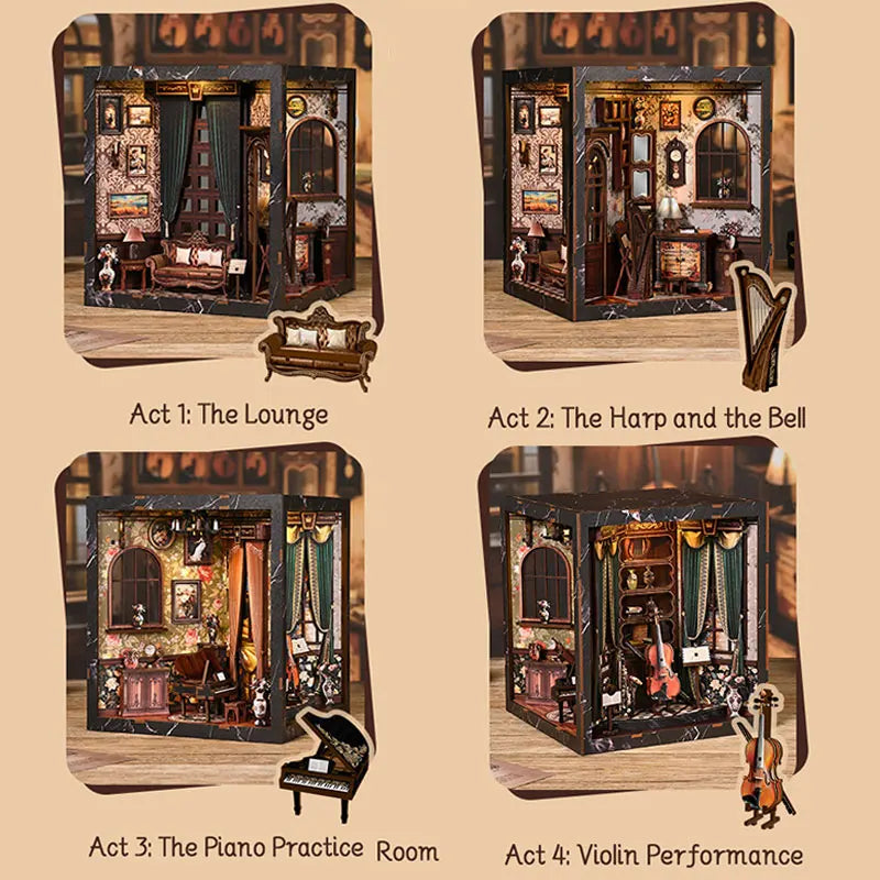Four scenes depicting a vintage music room book nook kit with LED lighting, showing various musical instruments and decor.