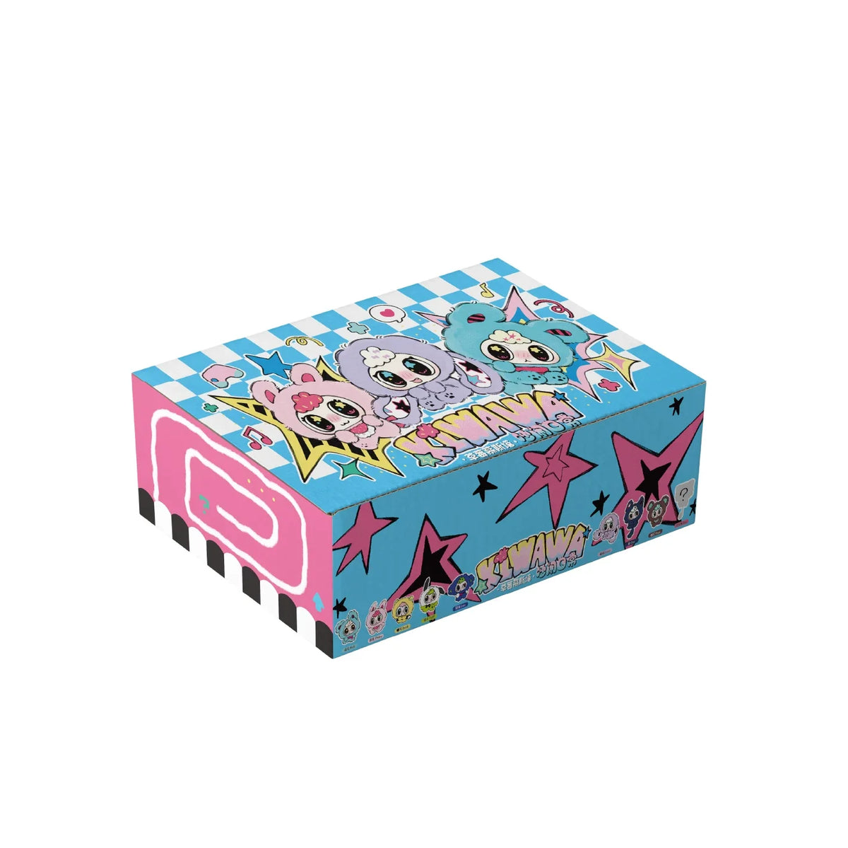 A blue and pink blind box featuring cute strawberry mousse kiwi characters and stars.
