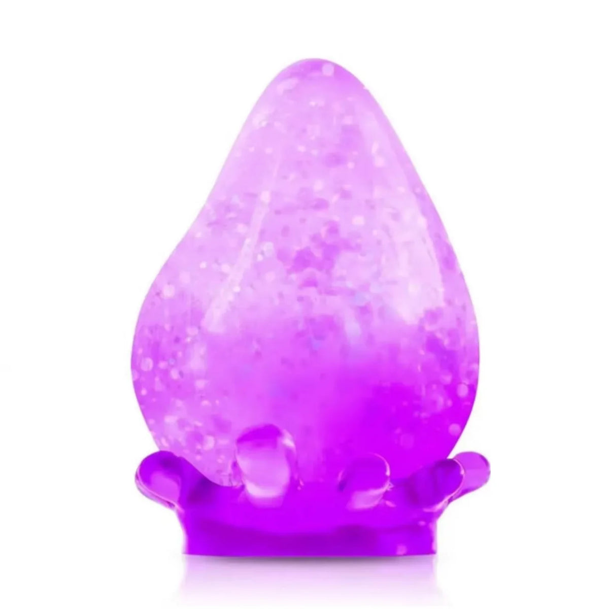A translucent purple silicone squishy stress ball shaped like a teardrop resting on a white surface.