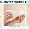 Three steps showing how to collect breast milk from a breast pump: turning off the switch, removing the motor, and collecting