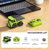 A green mini RC excavator model car, a remote control, instruction manual, charging cable, and button battery are displayed o