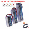 Three 11.1V 3S LiPo hobby hub batteries in various colors and packaging