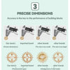 Un ensemble de blocs de construction à emboîtement de précision montrant trois marques et leurs dimensions.
