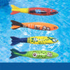 A set of four colorful diving torpedo pool toys for kids featuring different numbers and designs.