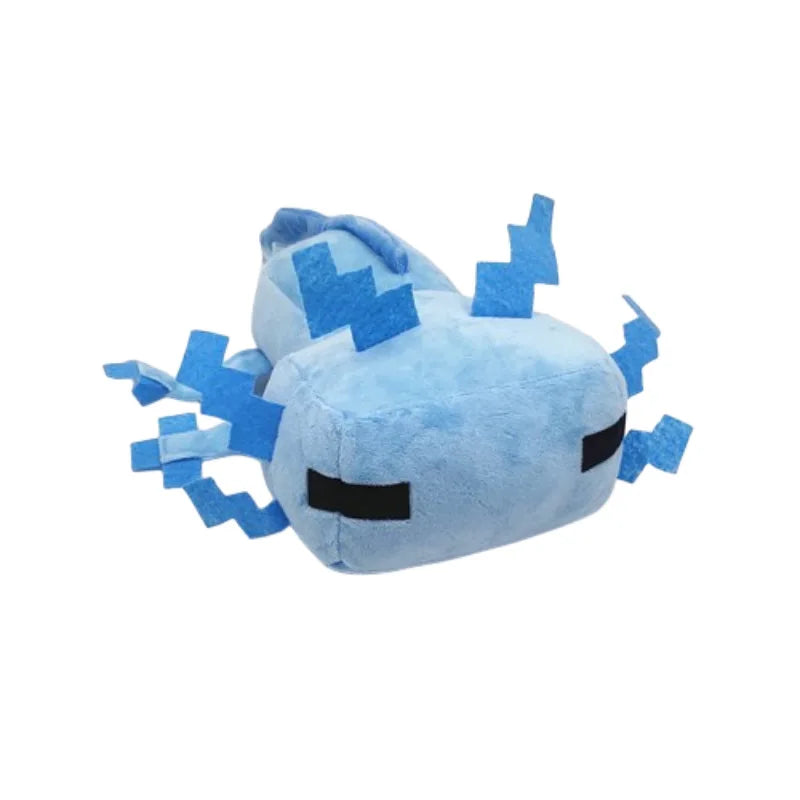 A soft blue axolotl plush toy with jagged blue accents and black eyes.