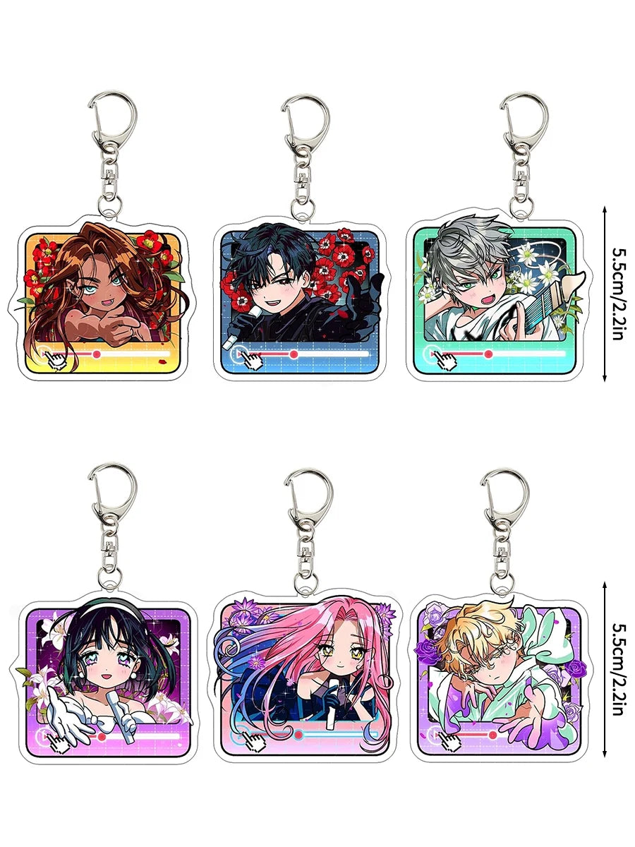 Three enamel keychains featuring chibi versions of anime characters with detailed artwork.