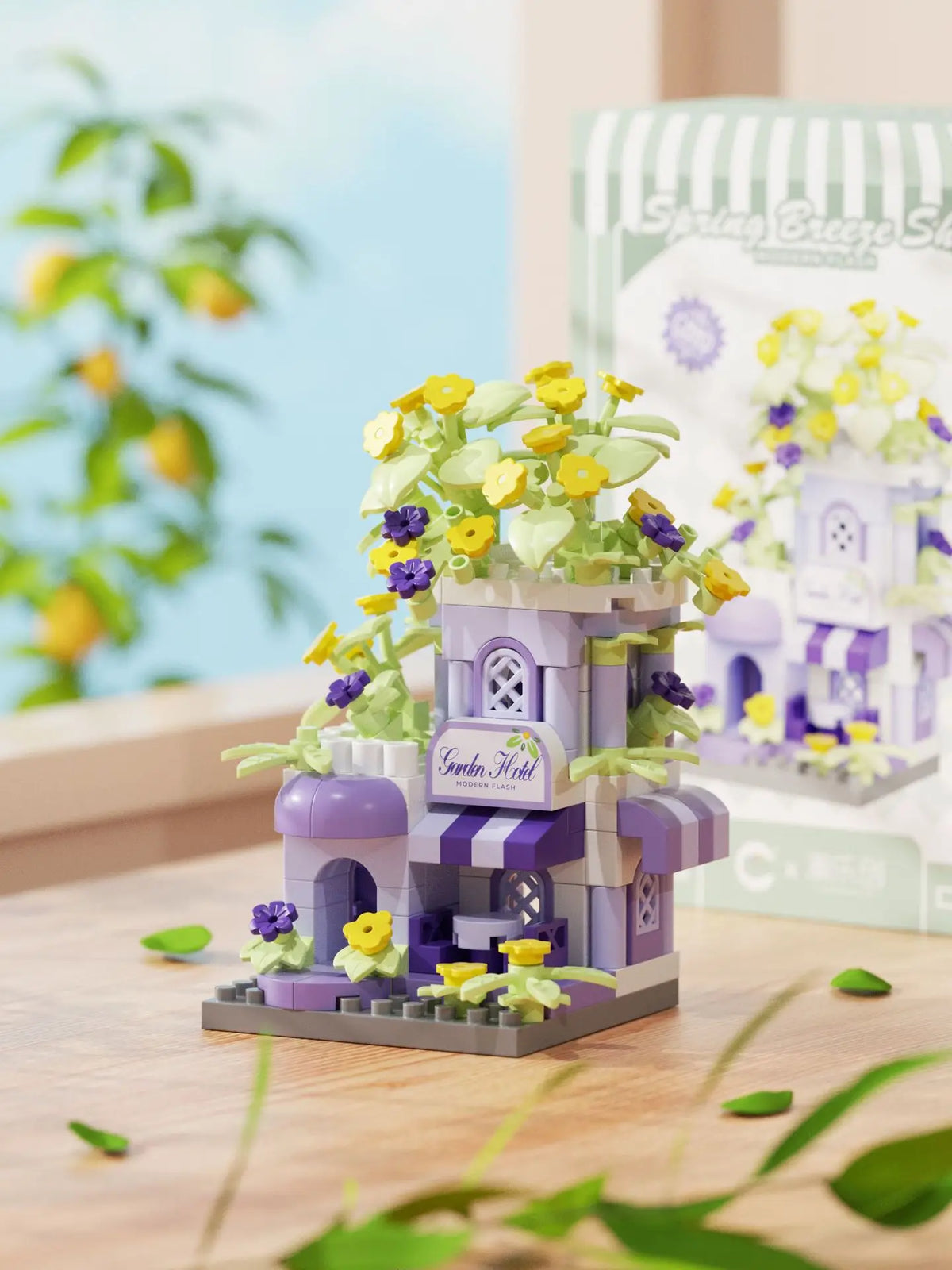 A purple woodland cabin mini building set featuring yellow and purple flowers and greenery.
