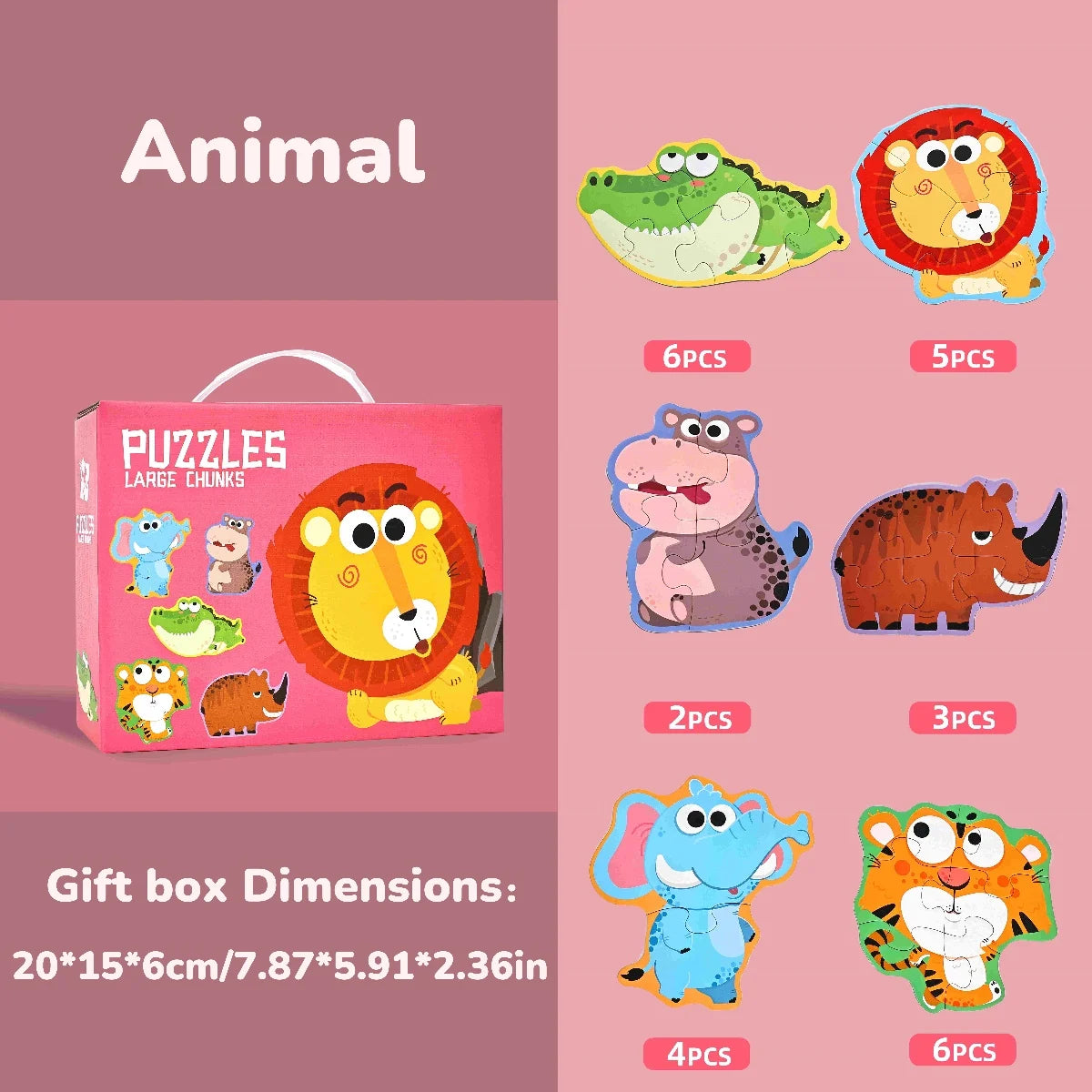 A box of animal puzzles featuring various jungle and safari animals like a tiger, elephant, and monkey.