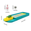A mini frog bowling game set featuring a wooden lane, yellow ball, and a white bowling pin.