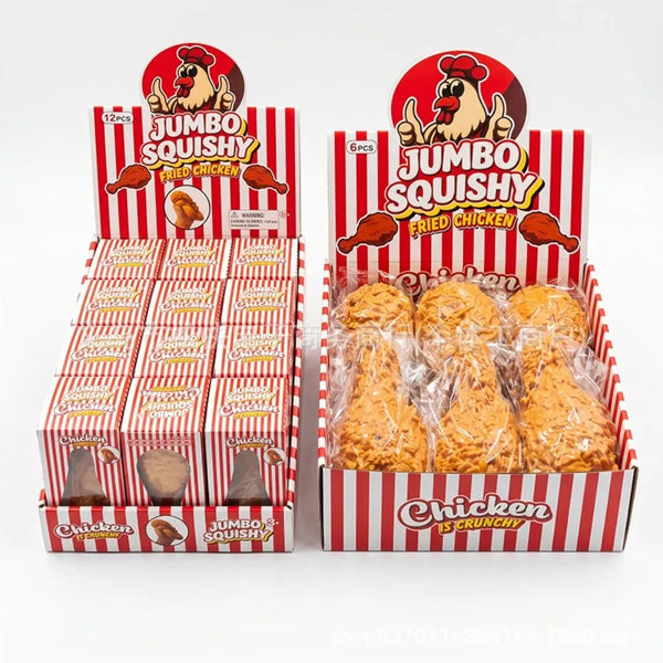 Boxed Jumbo Squishy Fried Chicken toys in red and white stripes with chicken-themed packaging
