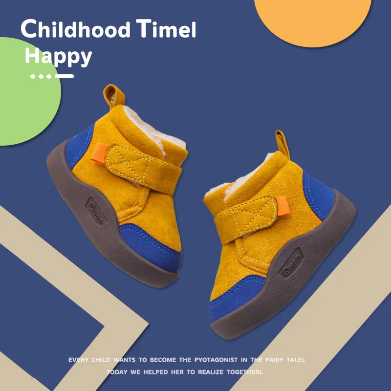 A pair of yellow and blue plush-lined winter boots for a child, shown against a dark blue background.