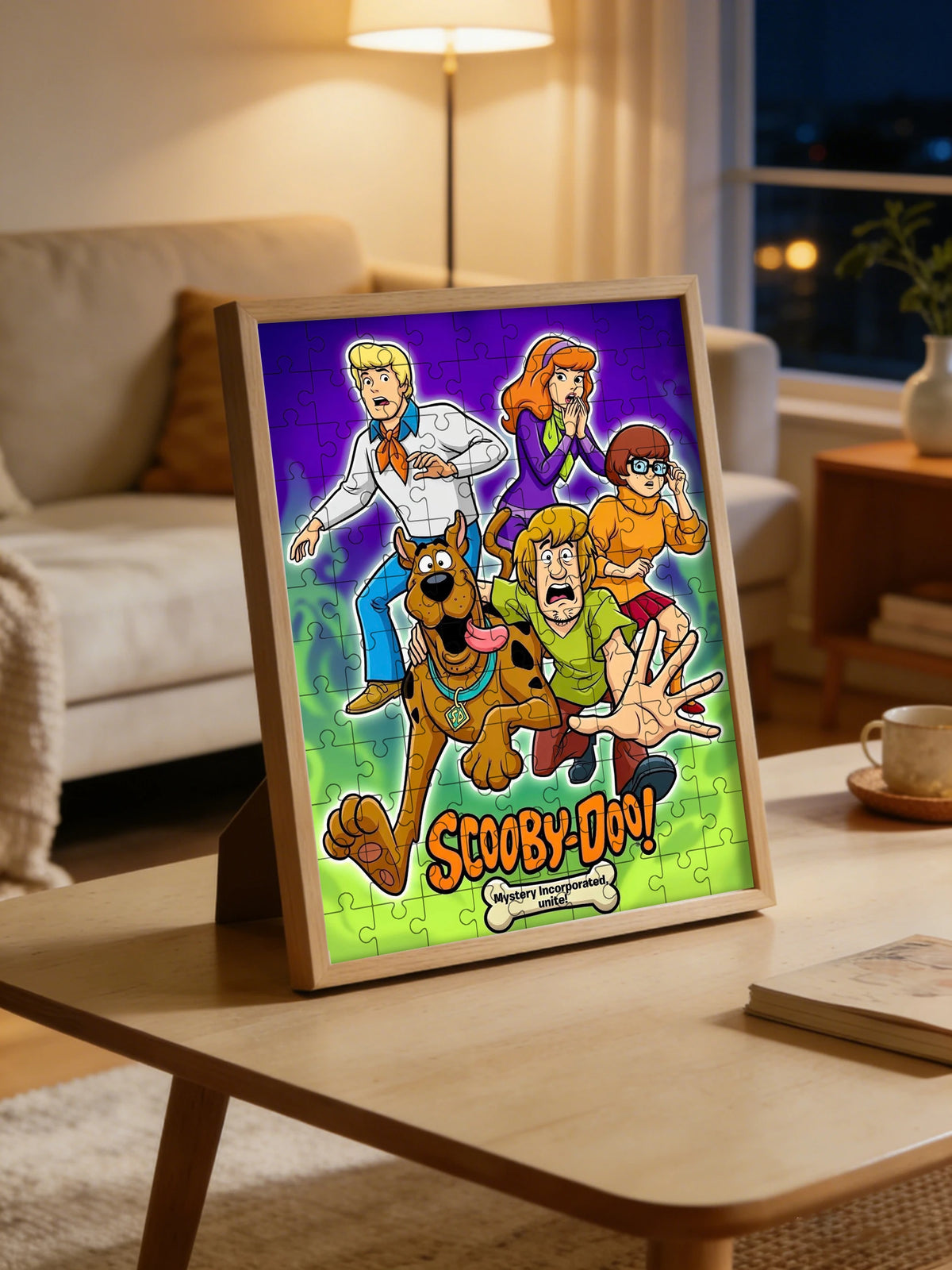A framed jigsaw puzzle featuring characters from Scooby-Doo Mystery Inc. on a wooden background.