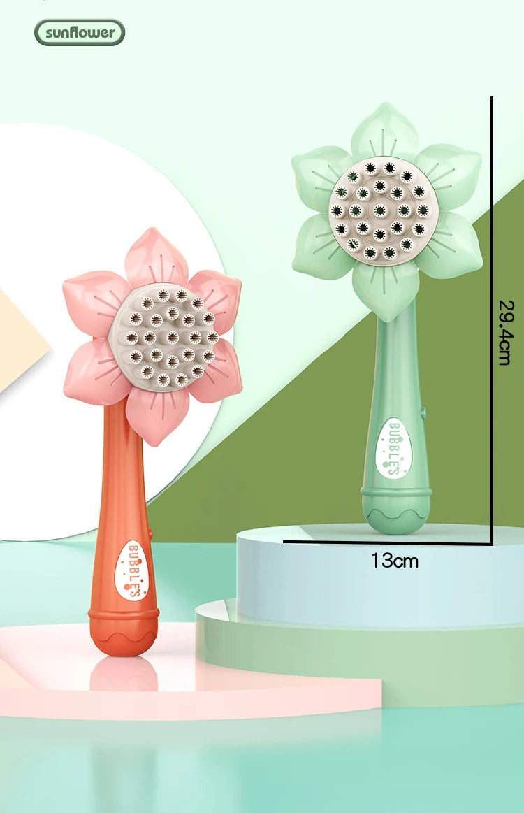 A pink and green sunflower bubble maker toy with a flower design and a bubble blower mechanism.