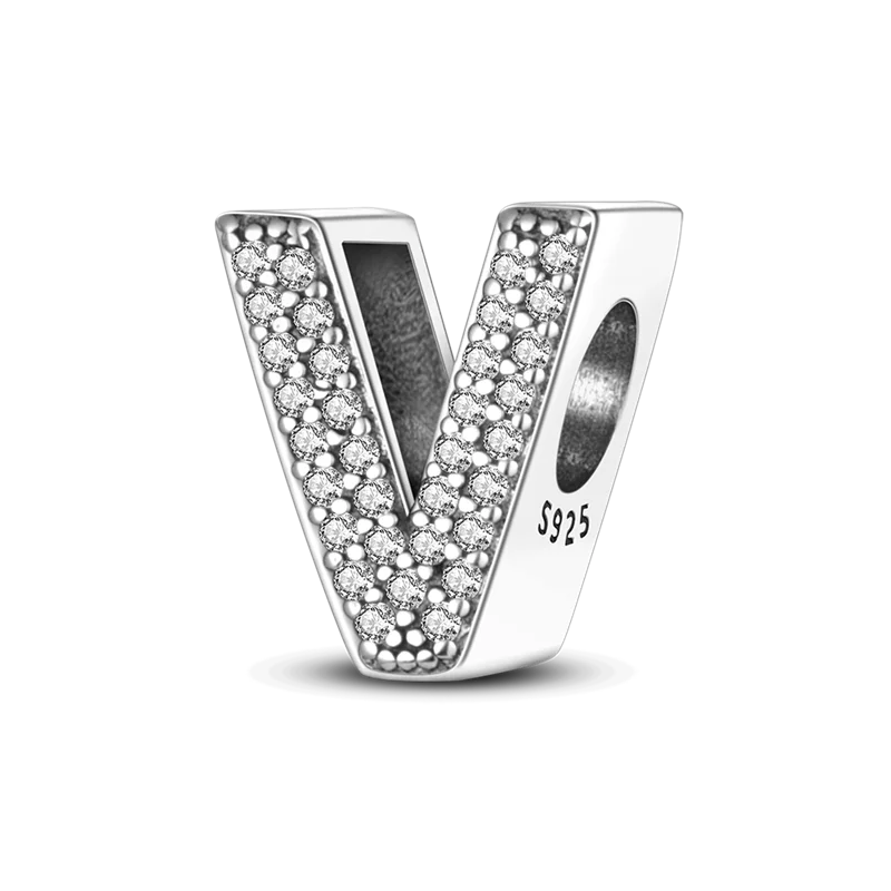 A sterling silver alphabet charm shaped like the letter V, encrusted with cubic zirconia stones.