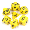 A collection of yellow acrylic dice showing various numbers and dots on a white background.