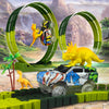A dinosaur climbing car track set featuring a yellow dinosaur model and flashing lights on a green track.