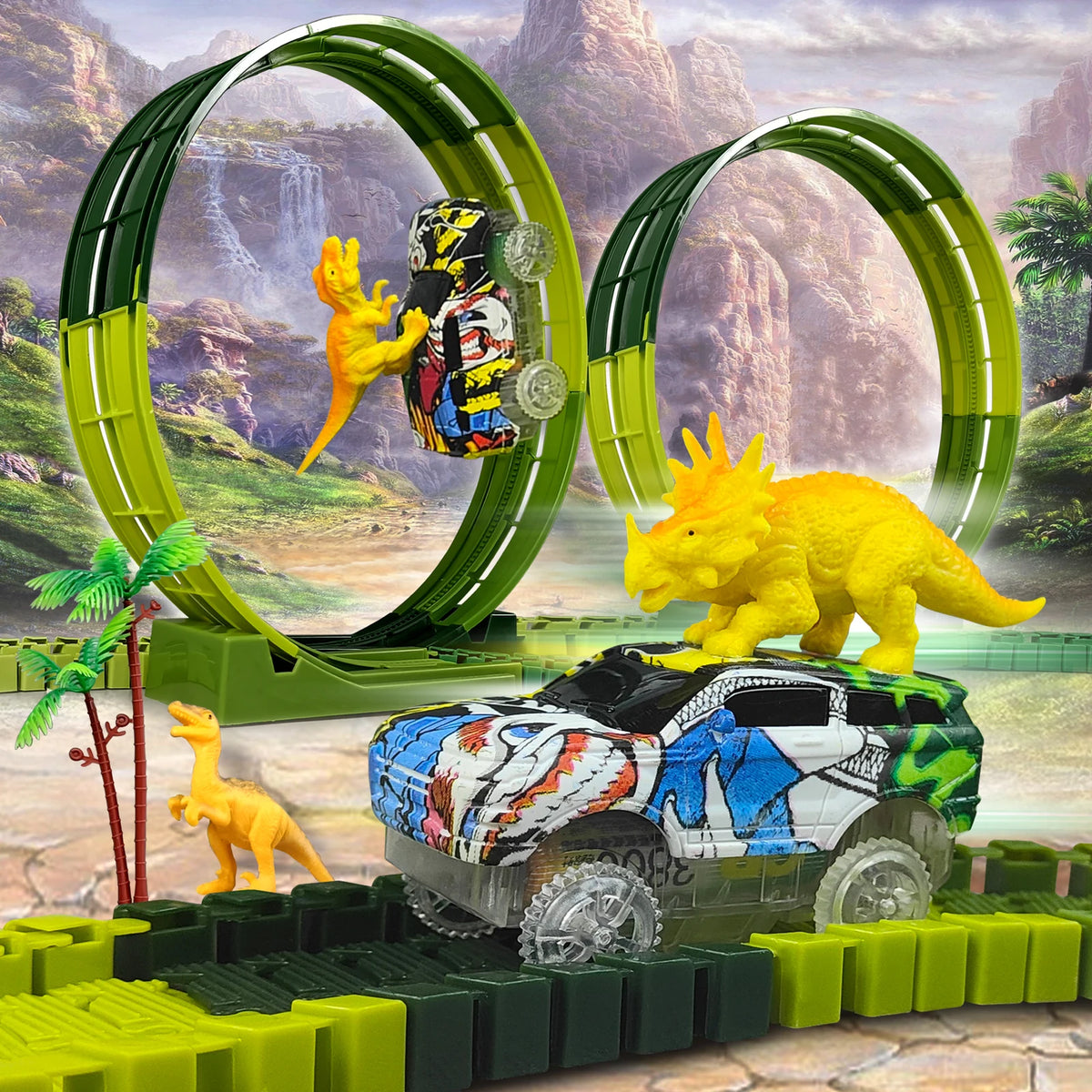 A dinosaur climbing car track set featuring a yellow dinosaur model and flashing lights on a green track.