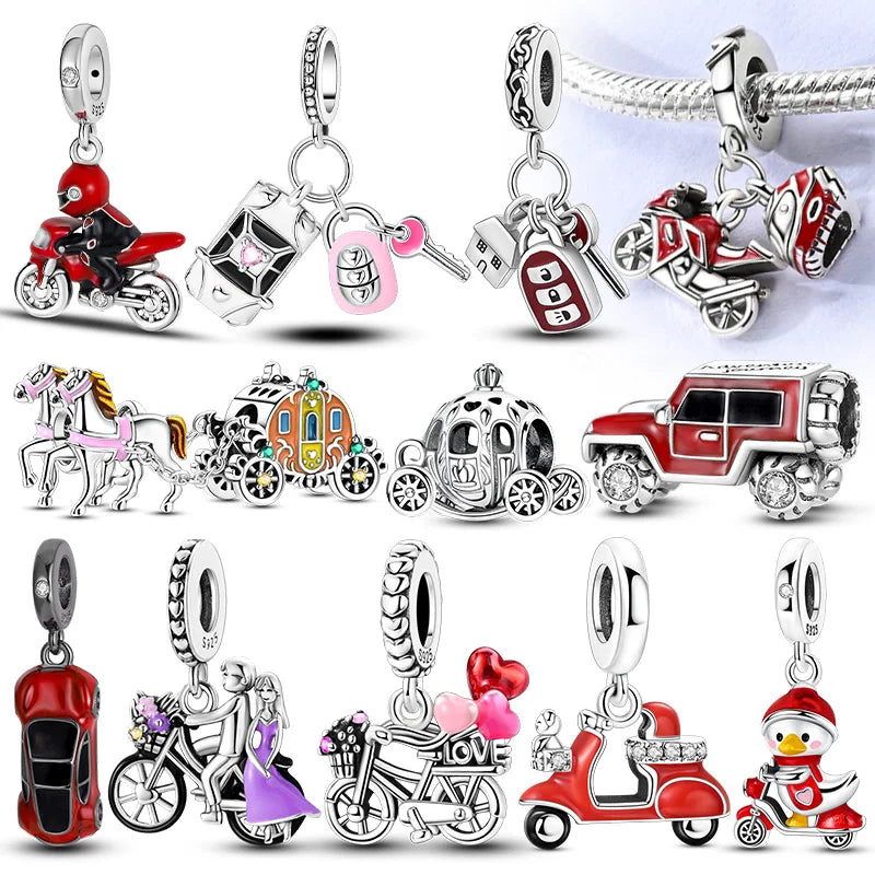 Sterling silver charm bead pendants featuring cars, keys, and other accessories.