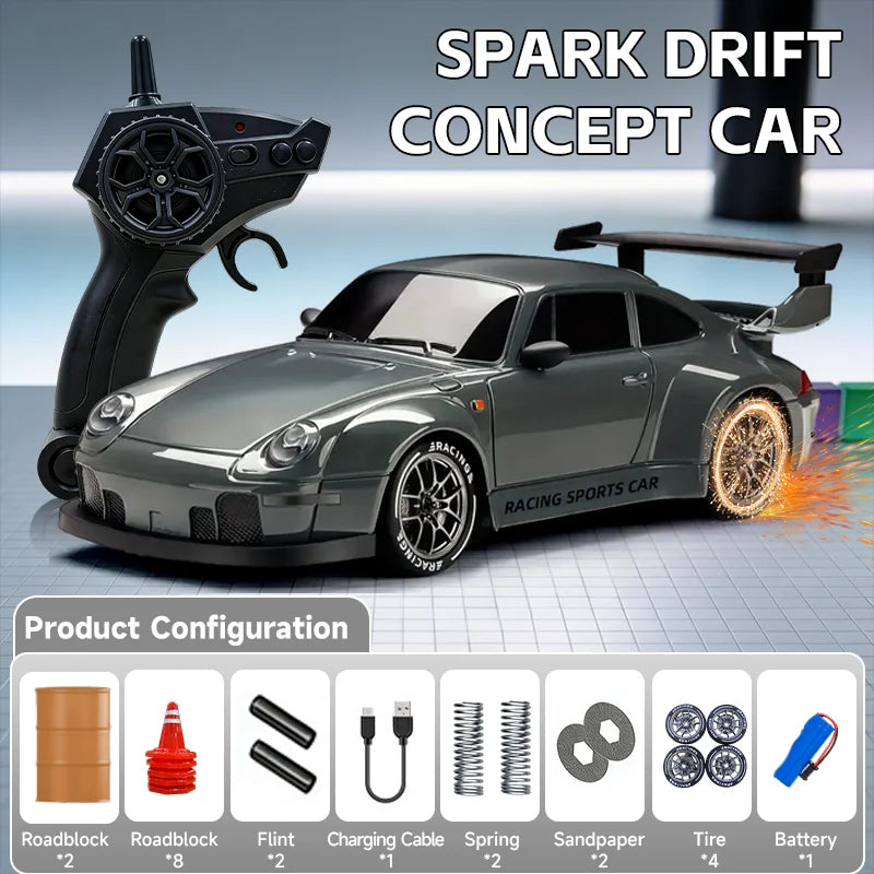 A gray RC drift concept car is shown next to its 2.4GHz remote control and various configuration parts.