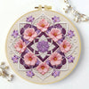 A round embroidery design featuring pink and purple flowers on a beige fabric background.
