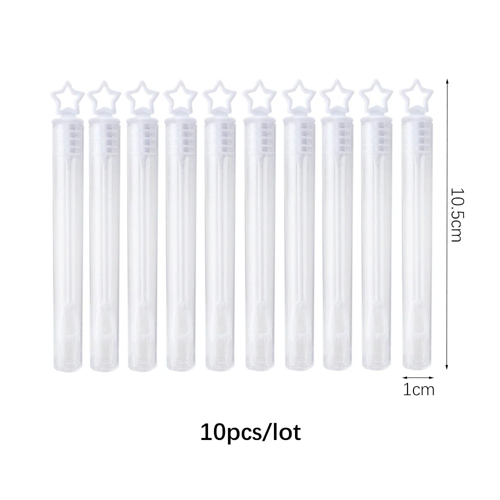 A set of ten clear plastic mini bubble wands for party favors and celebrations
