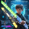 A boy holds an LED light-up double-edged saber toy with a glowing green blade and a blue accessory.