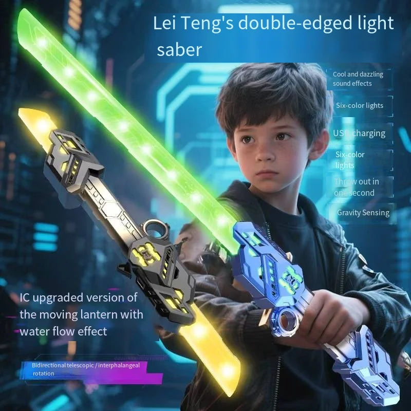 A boy holds an LED light-up double-edged saber toy with a glowing green blade and a blue accessory.