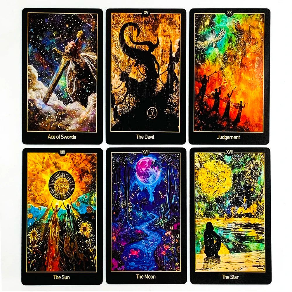A set of seven illuminated tarot cards featuring various major arcana including Ace of Swords, The Devil, Judgment, The Sun, 