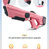Pink electric water blaster gun with various upgrade features shown on a white background.