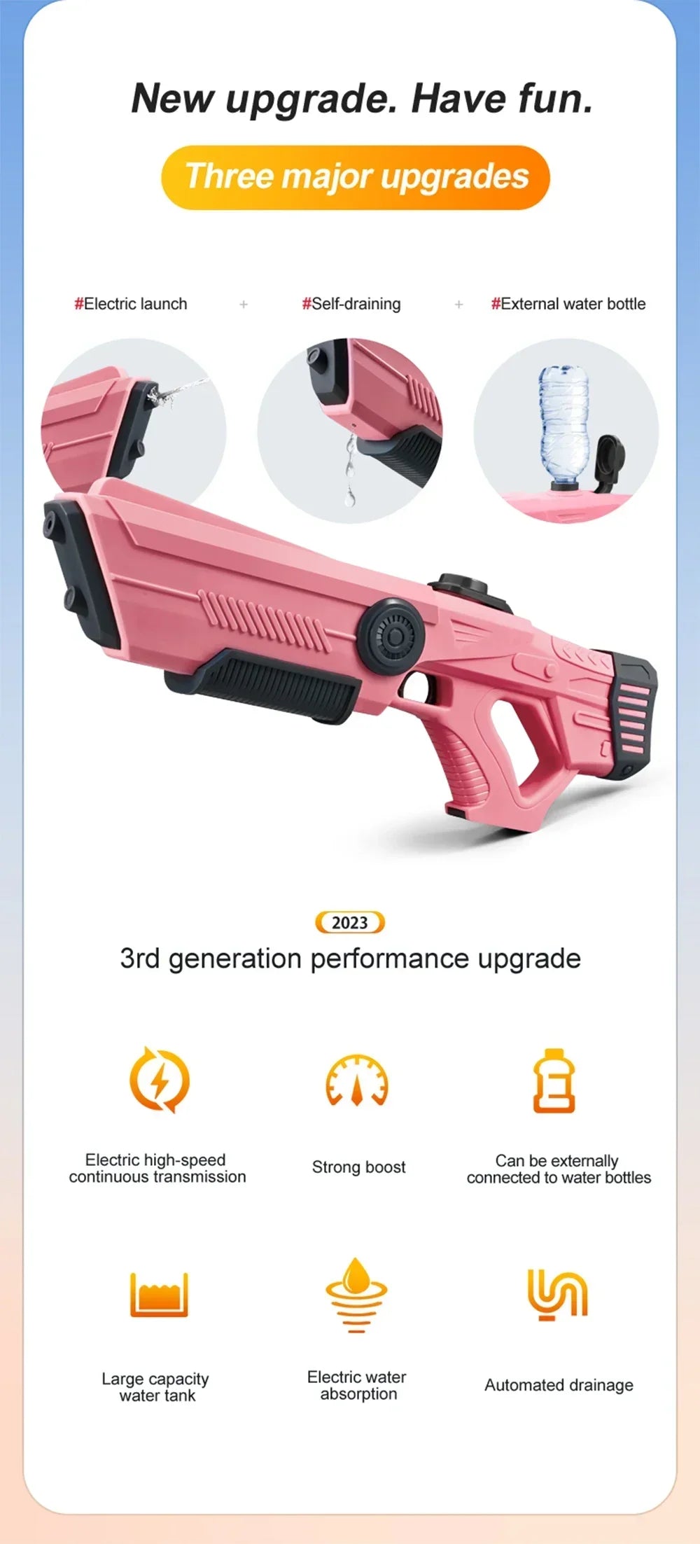 Pink electric water blaster gun with various upgrade features shown on a white background.