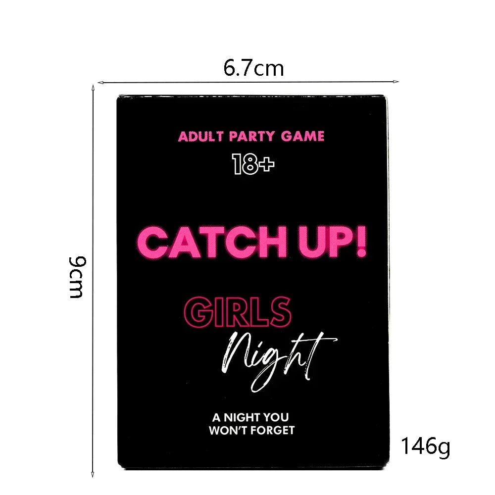 A black card game box titled Catch Up! Girls Night featuring a pink and white design.