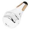 A silver trumpet practice mute with a white body and cork-like protective cap.