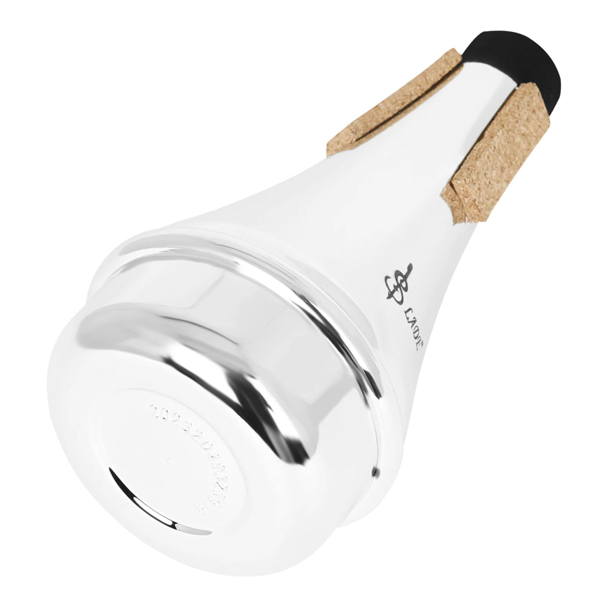 A silver trumpet practice mute with a white body and cork-like protective cap.