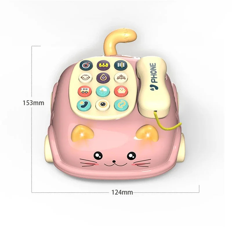 A pink cat-shaped musical phone toy for toddlers with various buttons and lights