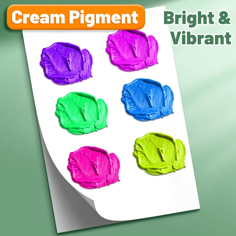 A sheet of cream pigment showing five vibrant colors: purple, magenta, blue, cyan, and lime green.