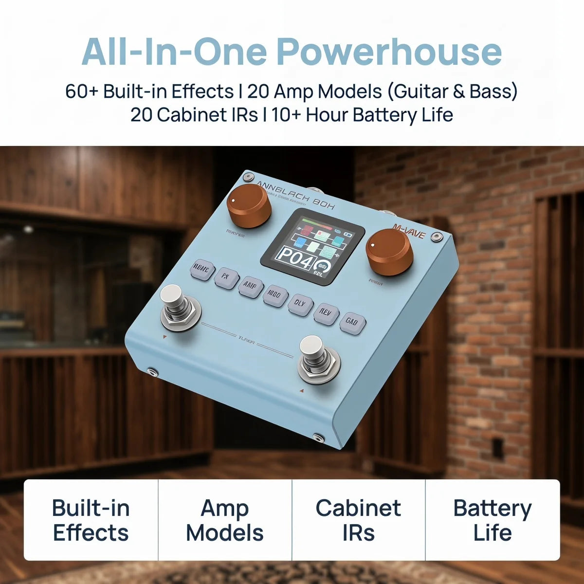 A blue multi-effects processor with knobs and a display is shown in a wooden interior setting.