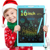 A smiling child wearing a red Christmas sweater and hat holds a blue 16-inch LCD writing tablet with a Christmas theme.